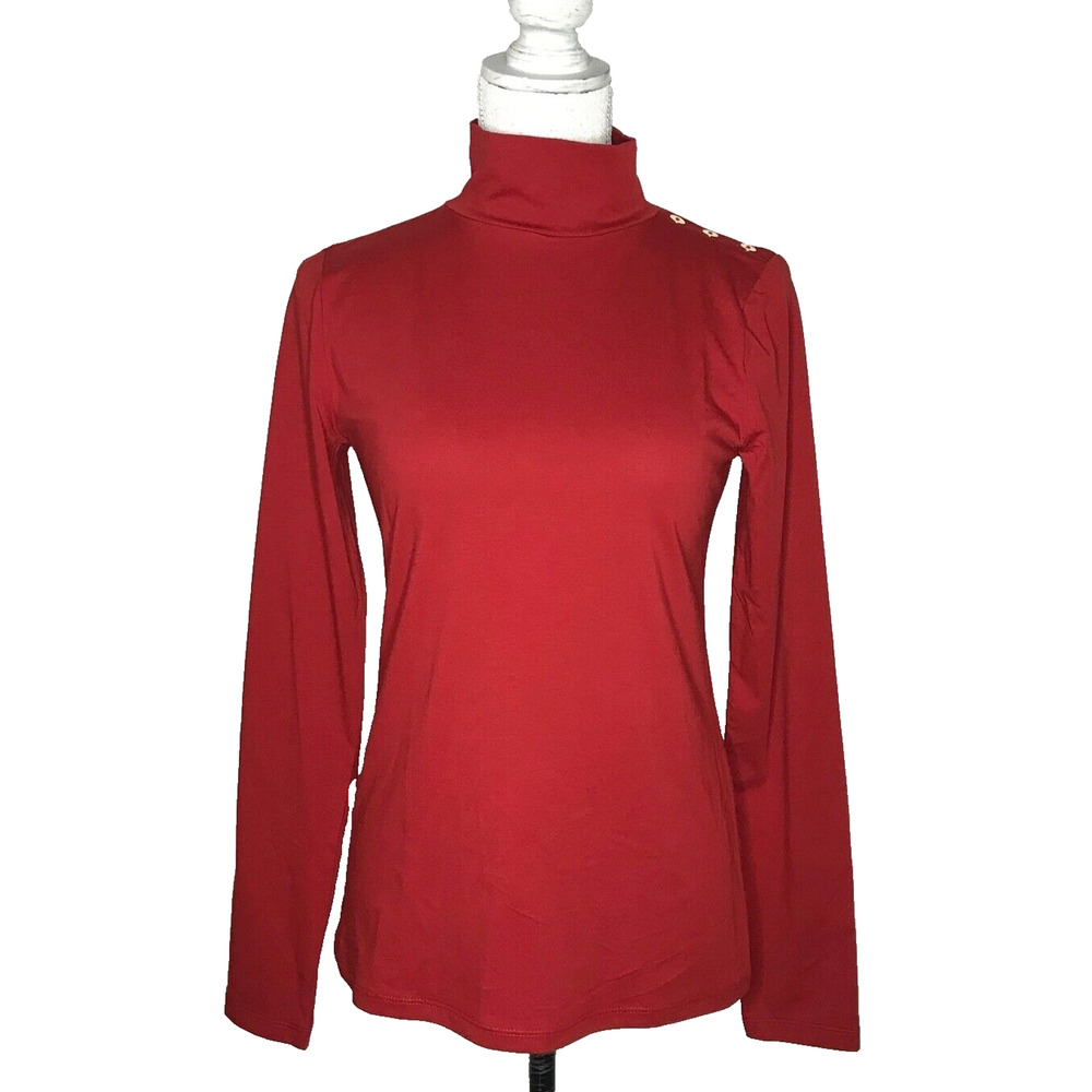 LOFT Long Sleeve Turtleneck Top Button Shoulder Red